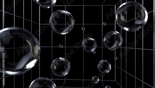 Floating Spheres in Grid Formation: A Serene and Minimalist Abstract Composition, Representing Clarity and Precision