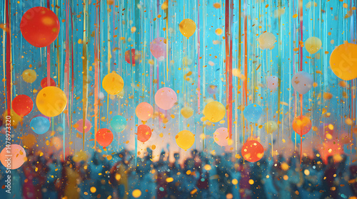 A joyful birthday party scene filled with vibrant energy, where dozens of colorful balloons in red, yellow, blue, and pink float midair above a group of laughing guests. Multicolored streamers drape