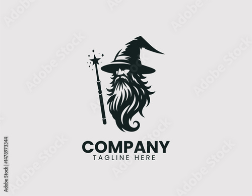 Powerful Wizard Silhouette Long Beard Pointed Hat Staff Vector Logo Design, Strong Sorcerer Silhouette Long Beard Pointed Hat Staff Vector Logo, Mystical Wizard Silhouette Long Beard Pointed Hat Staff