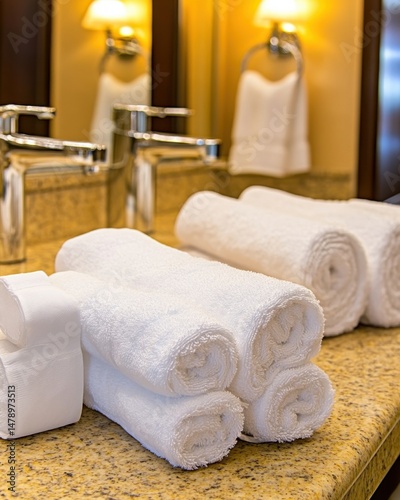 Rolled white towels and folded washcloths on granite bathroom counter with chrome faucets in luxury hotel