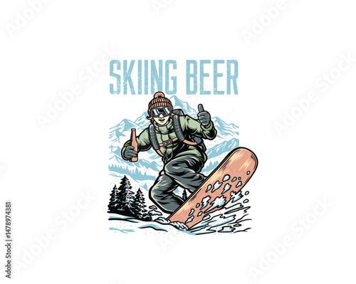 skiing beer in mountain illustration