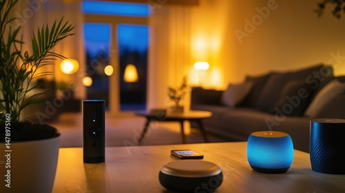 A cozy smart home living room at night, softly lit with warm lights and smart devices on a table, creating a modern and inviting atmosphere.