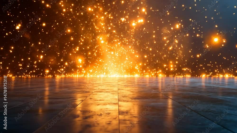 Glowing particles falling onto a reflective floor, creating a dramatic, dark background Glowing particles falling onto a reflective floor, creating a dramatic, dark background