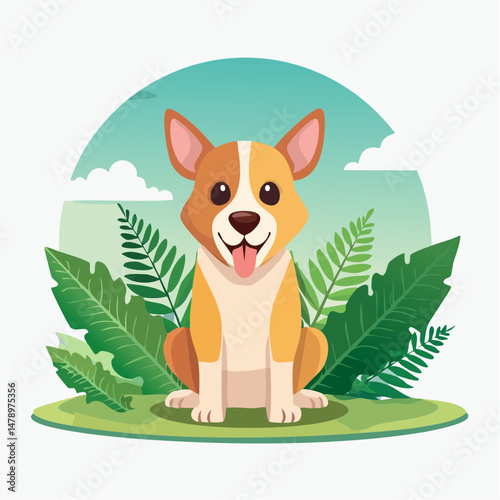 Cartoon Corgi Dog Sitting in a Tropical Plant Garden