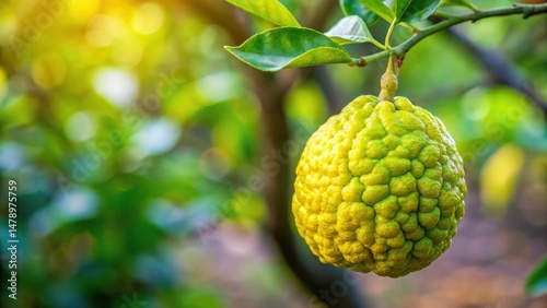 A single bergamot fruit hanging from a branch on a tree with its yellow skin and green stem , bergamot fruit, branches