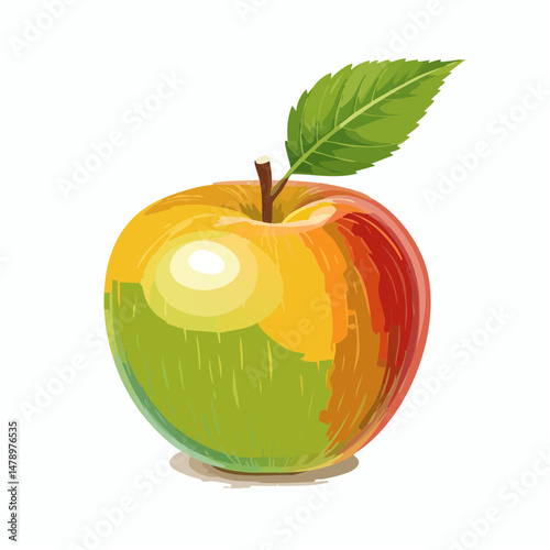 Colorful Apple with a Bite and Green Leaf Illustration