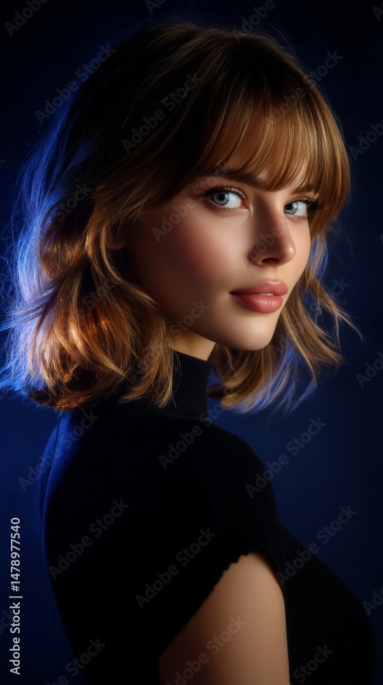 Fototapeta premium A woman in a black dress is posing for a portrait