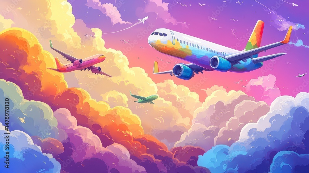 Fototapeta premium Colorful airplanes flying above vibrant clouds at sunset.