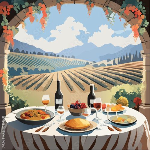 Elegant Outdoor Dining with Wine and Vineyard View