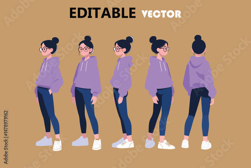 Editable Vector Illustration of a Young Woman in a Purple Hoodie and Leggings