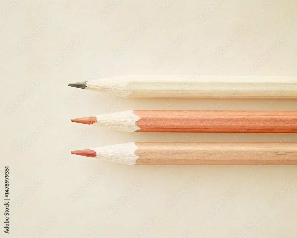 Obraz premium Three pencils of earth tones on textured paper Minimalist aesthetic.
