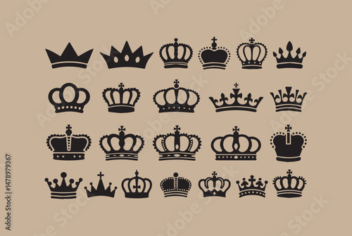 Collection of Twenty Four Different Black Crown Icons on Beige Background