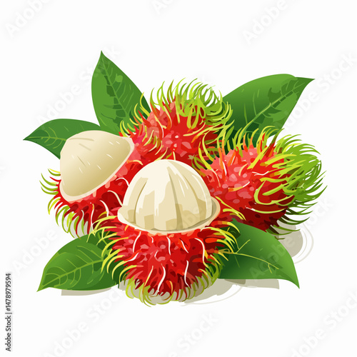 Fresh Rambutan Fruit with Opened Shells and Green Leaves