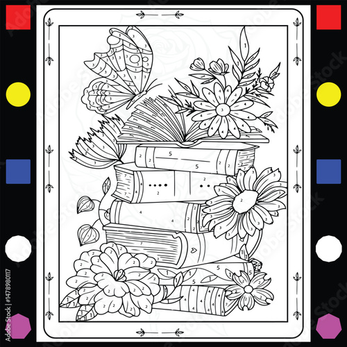 Flower and Book color by number coloring book for adults