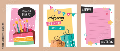 Happy birthday wishes clipart poster set. Birthday greeting card with slice of cake and gift box elements in colorful paper blank space clip art collection white background vector illustration.
