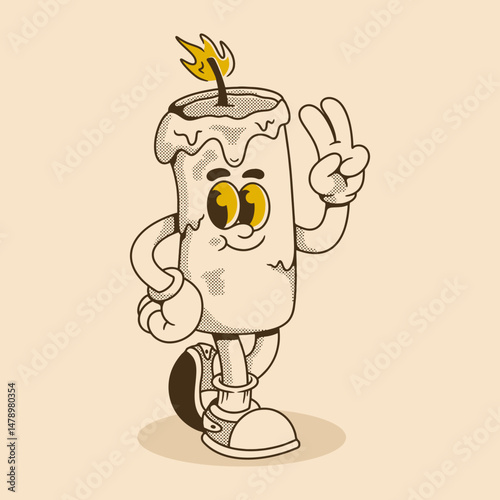 Cute Candle Character with Peace Hand Pose in Retro Style