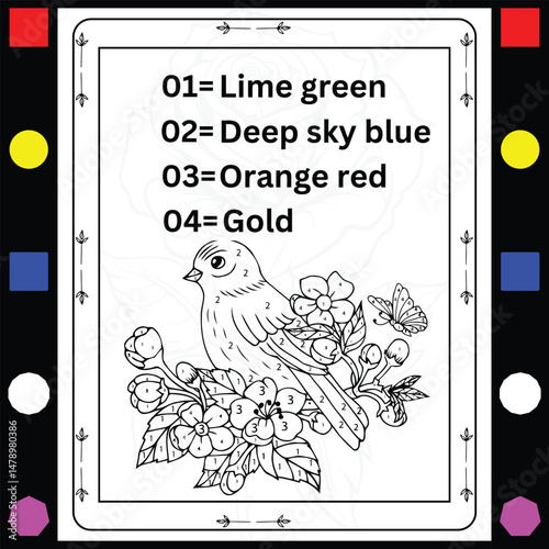 Flower and bird color by number coloring book for adults