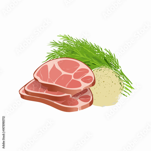 Illustration of Sliced Meat Dill and a Round Vegetable