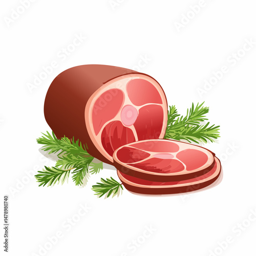 Illustration of Sliced Ham with Rosemary Sprigs on Transparent Background