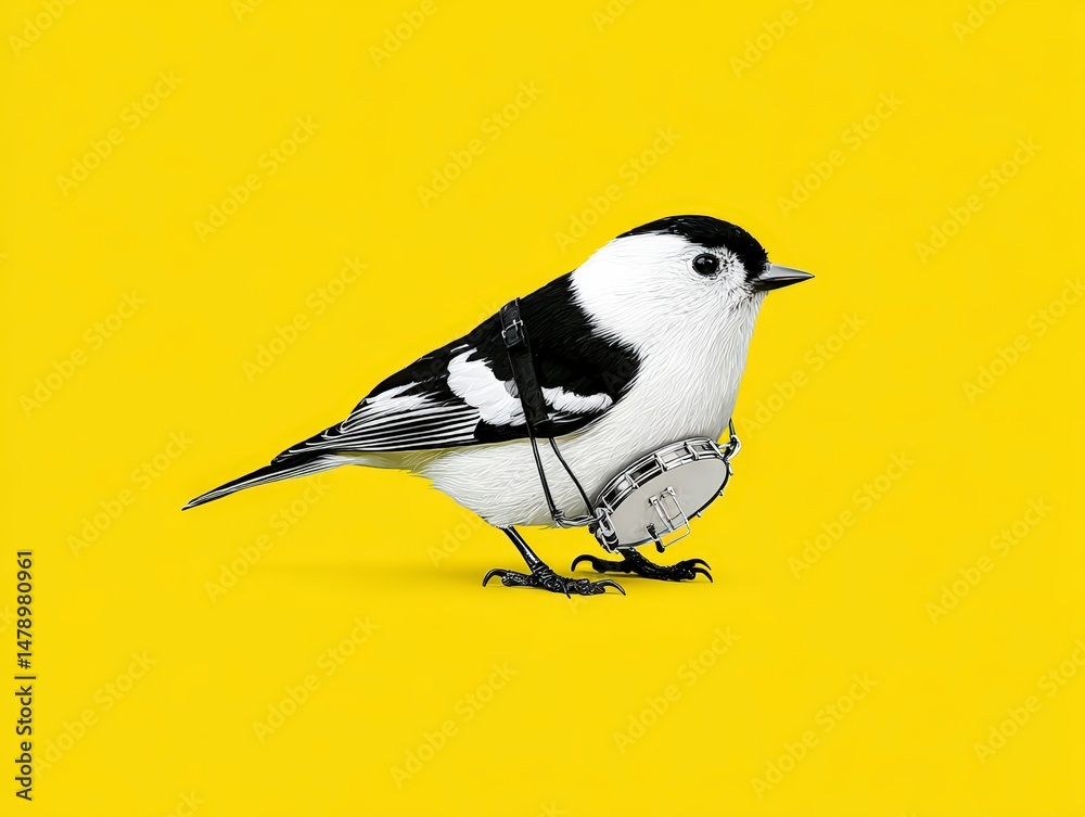 Naklejka premium A Playful Black and White Bird on a Vivid Yellow Background