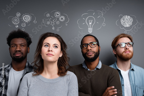 Neurodivergent autism workplace. Cognitive difference awareness. ADHD education. Dyslexia awareness. Neurodevelopment. Group of people with thought icons conceptually illustrated