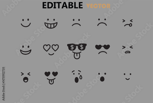 Collection of fifteen simple hand drawn emoticon faces showing various emotions