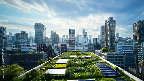 Green rooftop gardens cityscape