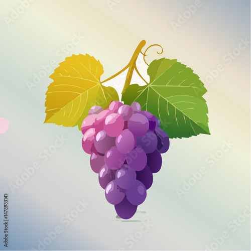 Stylized Grape Cluster with Leaves and Stem Illustration