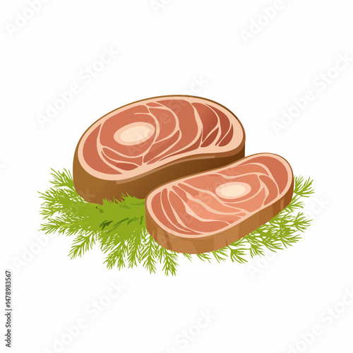 Two Slices of Raw Meat with Dill Sprigs Illustration
