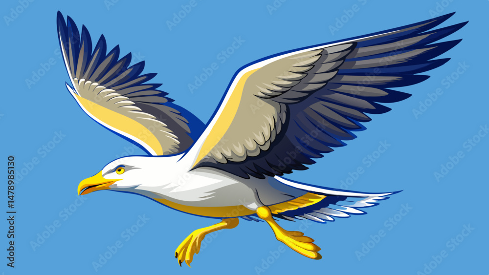Fototapeta premium A Yellow-legged Gull (Larus michahellis) soars gracefully through the air, its broad wings fully extended in a display of effortless motion and aerodynamic beauty. Every feather is captured with clar