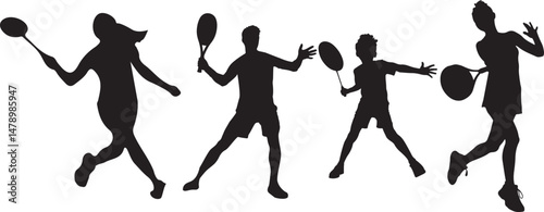 Set of Tennis Silhouettes – Dynamic Poses of Players in Action with Rackets and Balls