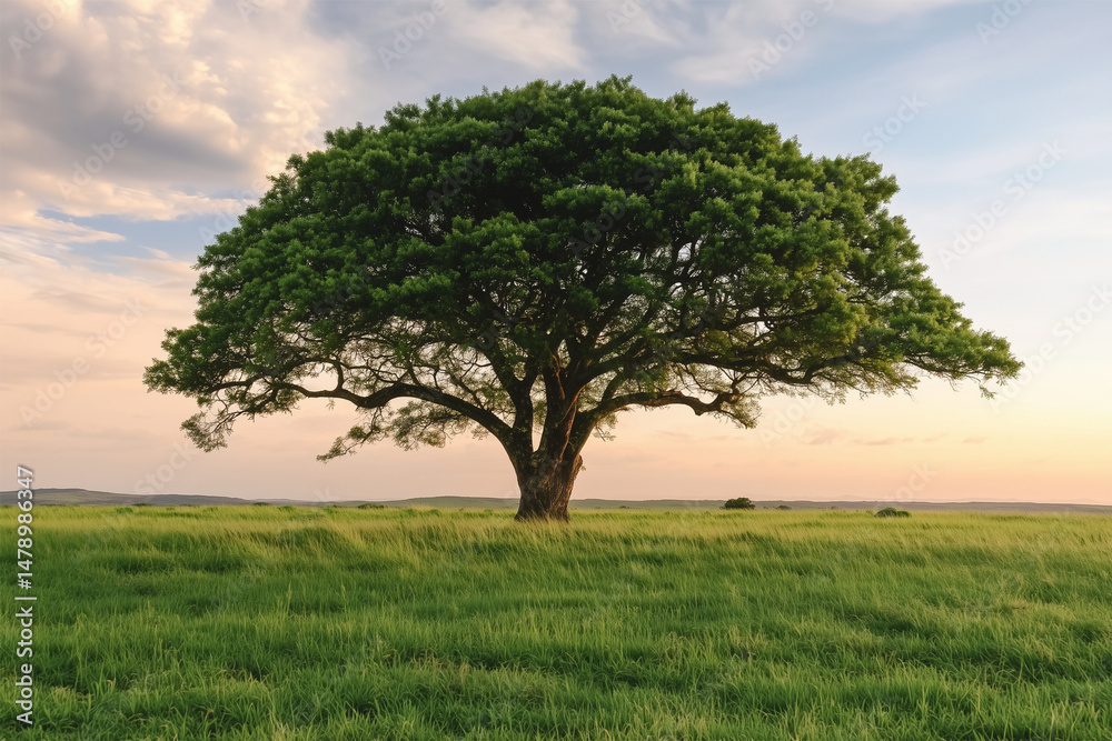 Fototapeta premium Big tree standing alone in a field against sun set sky background. Landscaped image.