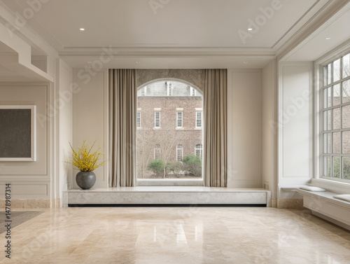 Elegant living space with large window and natural sunlight in modern setting