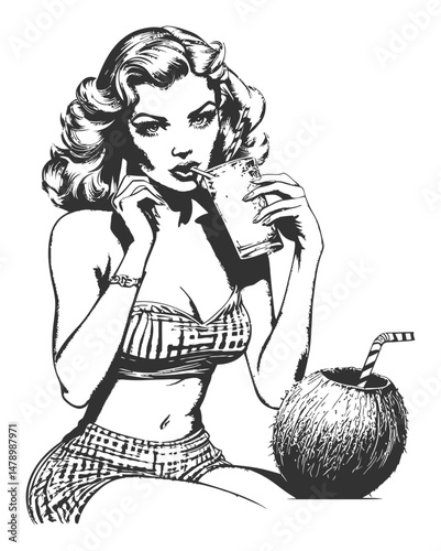 Vintage Style Female Figure Enjoying Refreshing Drink Illustration