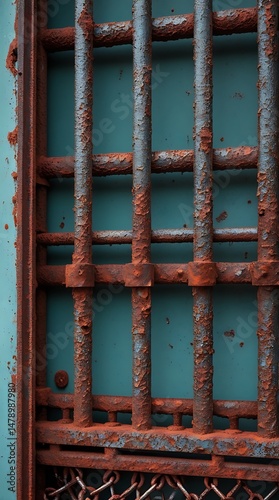Close-up of a rusty metal grid with weathered red and blue paint, showcasing industrial texture, decay, and urban grunge aesthetics with rich detail and color contrast

