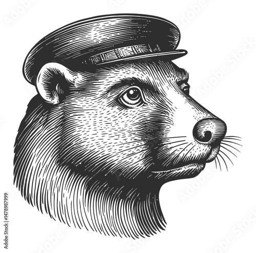 Detailed Vintage Illustration of a Bear Wearing a Military Hat