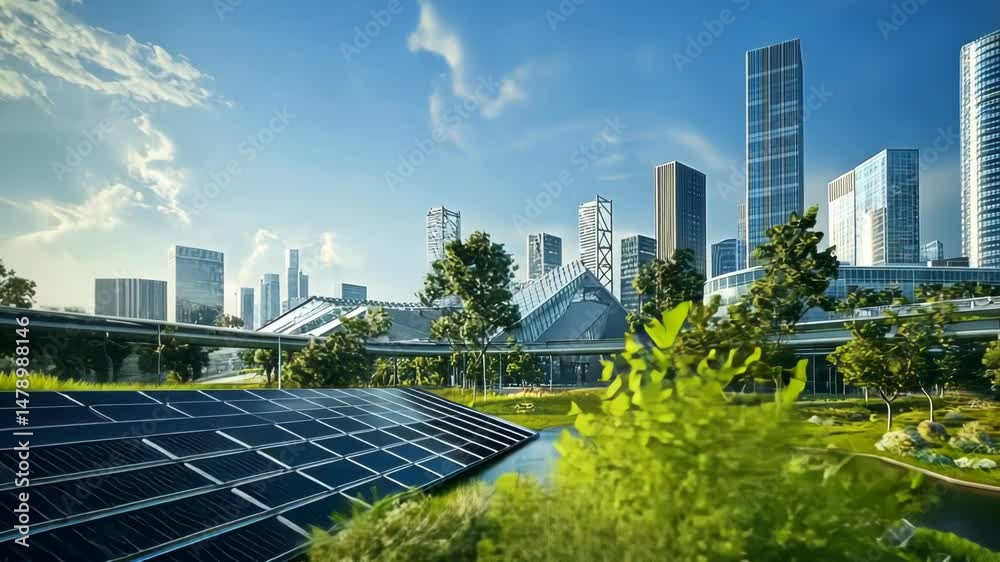 Modern city skyline with sustainable green space