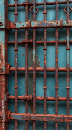 Close-up of a rusty metal grid with weathered red and blue paint, showcasing industrial texture, decay, and urban grunge aesthetics with rich detail and color contrast

