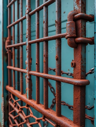 Close-up of a rusty metal grid with weathered red and blue paint, showcasing industrial texture, decay, and urban grunge aesthetics with rich detail and color contrast

