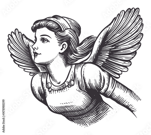 Elegant Winged Angel Illustration in Vintage Style for Creative Projects