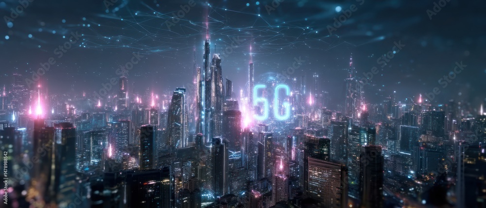 Obraz premium Futuristic 5 g city at night