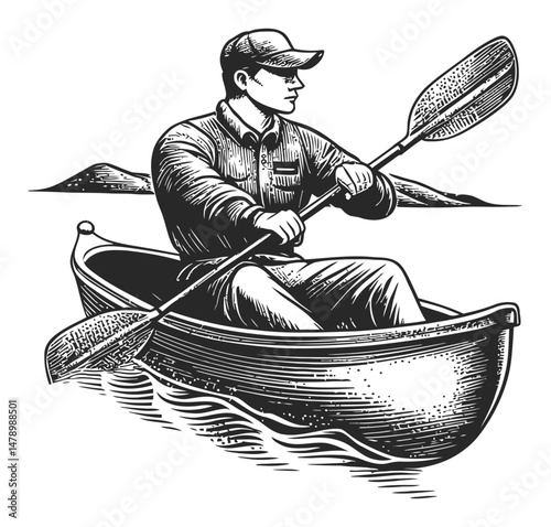 Detailed Illustration of a Man Rowing in a Canoe on Water