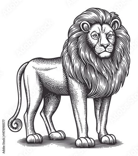 Detailed Vintage Illustration of a Majestic Lion in Black and White