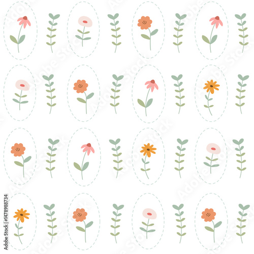 flowers in polka dot oval  frame and vine seamless pattern , vector , illustration