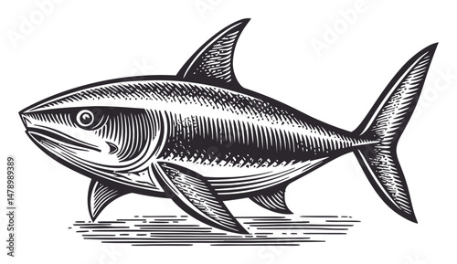 Black and White Vintage Fish illustration with Detailed Line Art Design
