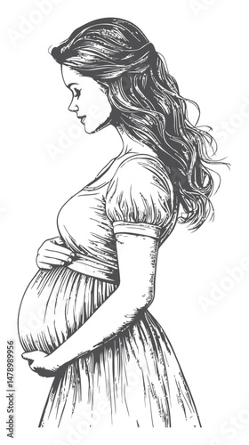 Woman in Dress with Long Hair Cradling Pregnant Belly in Vector Art