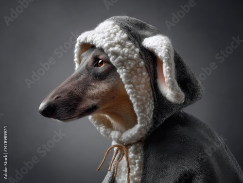 Wallpaper Mural Elegant Borzoi dog portrait in hooded cloak, studio shot, looking left, dramatic lighting, gray background, regal Torontodigital.ca