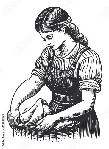 Vintage Hand-drawn Illustration of a Woman Doing Laundry by Hand