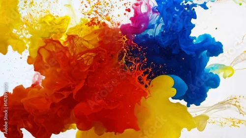 Red, yellow and blue paints explosively mixing in liquid motion with splashes and swirls. Concept of color explosion and creative fusion