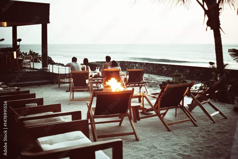 Fototapeta premium Cozy Beachside Gathering with Fire Pit at Sunset Over Ocean